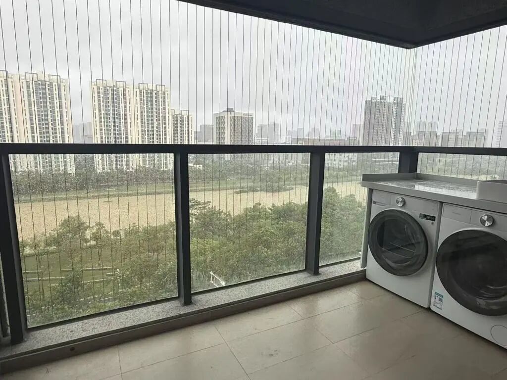 臺風來臨前,張青把陽臺上的綠植搬回了室內,陽臺上只剩下洗衣機。