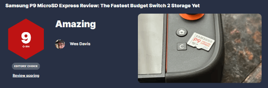 NS2存儲升級首選！三星新款存儲卡獲IGN 9分好評